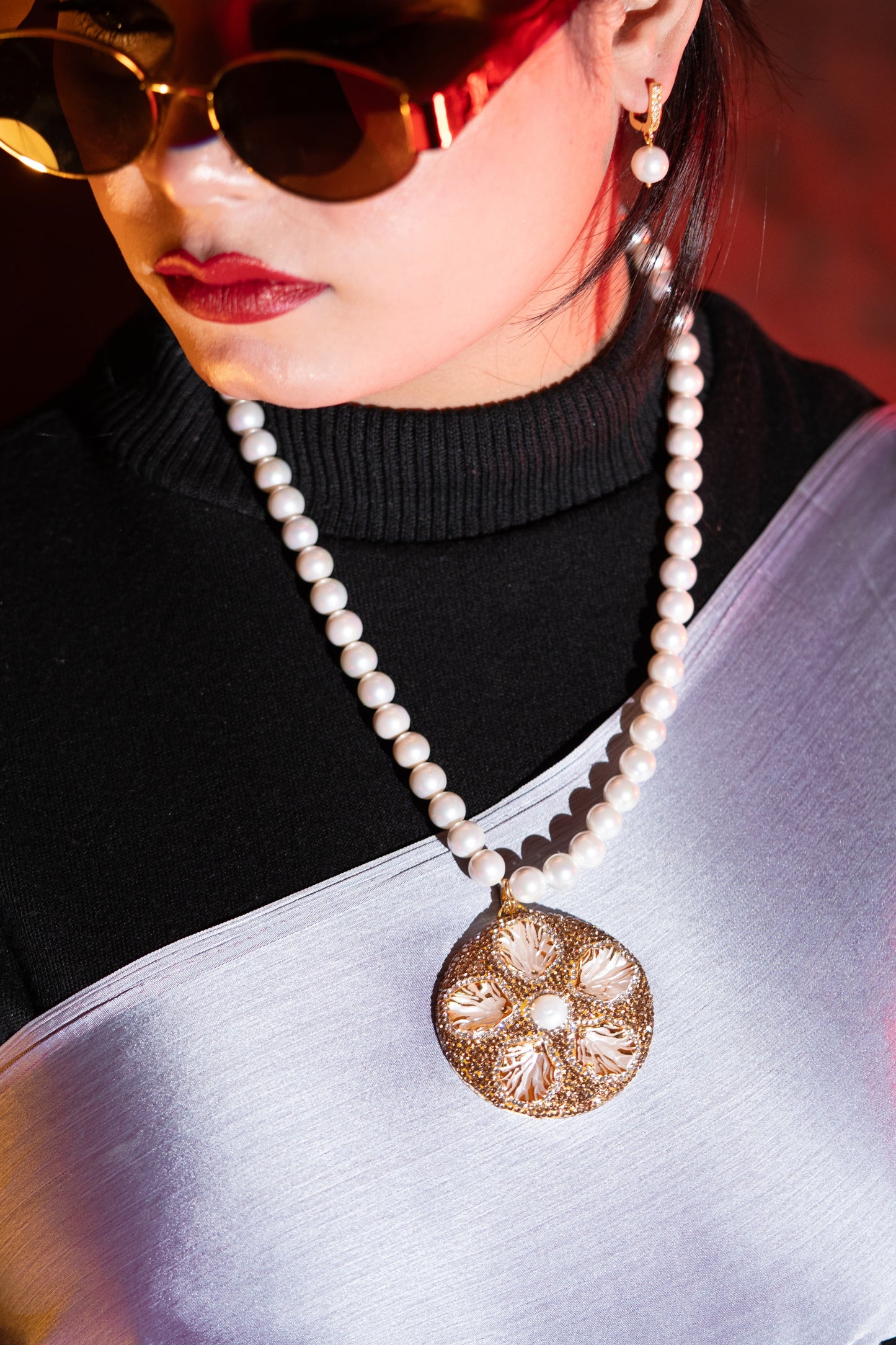 Real Pearl with Natural Sea Shell and American Diamonds Zirconia Pendant Necklace