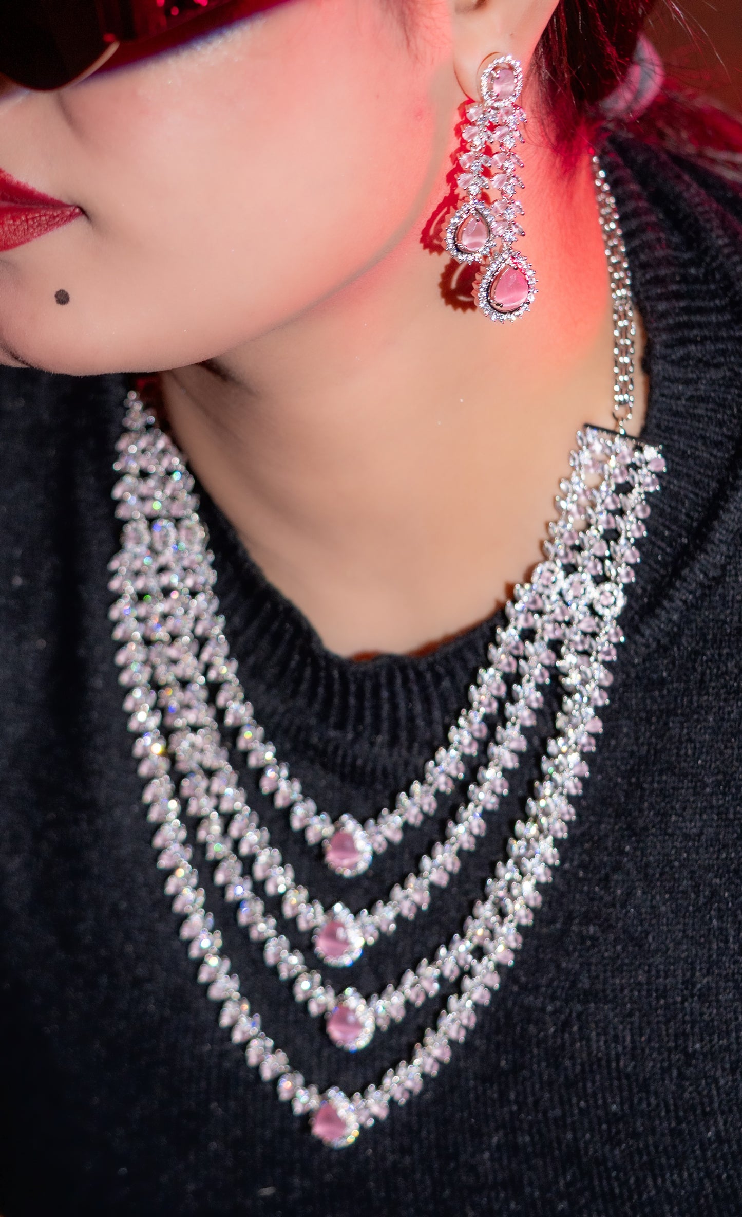 Pink American Diamonds Rhodium Finish 4 Layer Necklace
