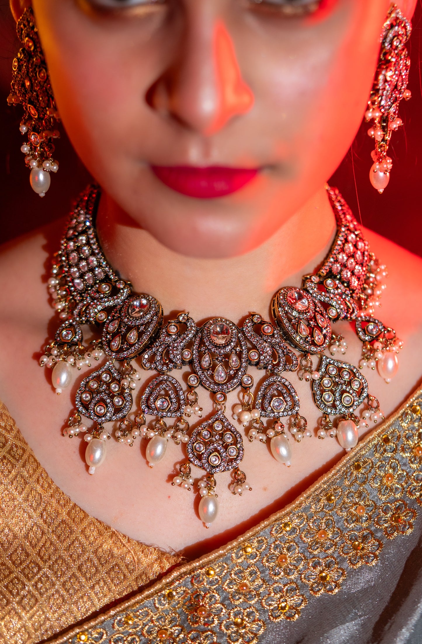 Indian Bridal Moissanite Polki with American Diamonds and Real Pearls Designer Necklace