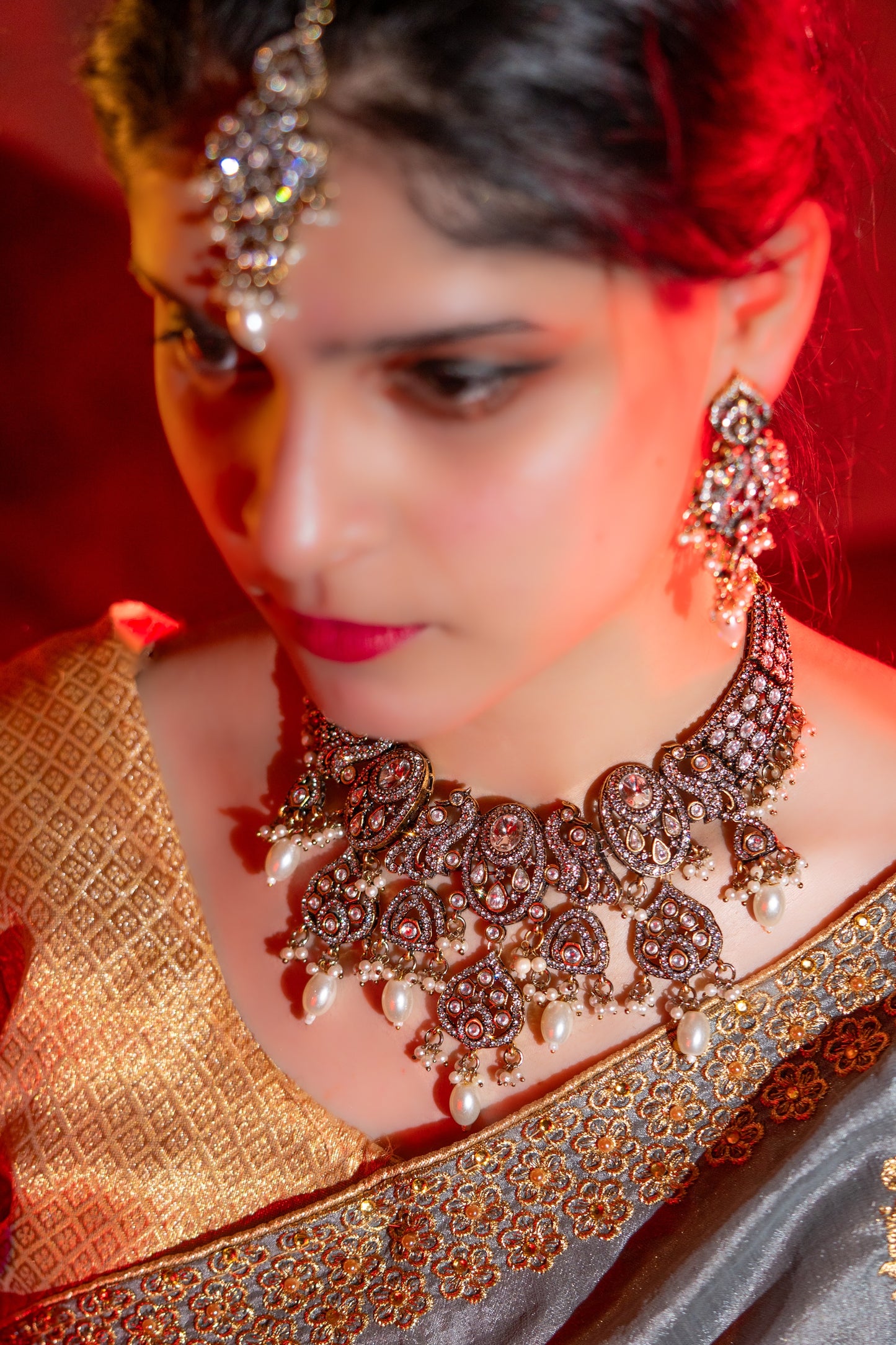 Indian Bridal Moissanite Polki with American Diamonds and Real Pearls Designer Necklace