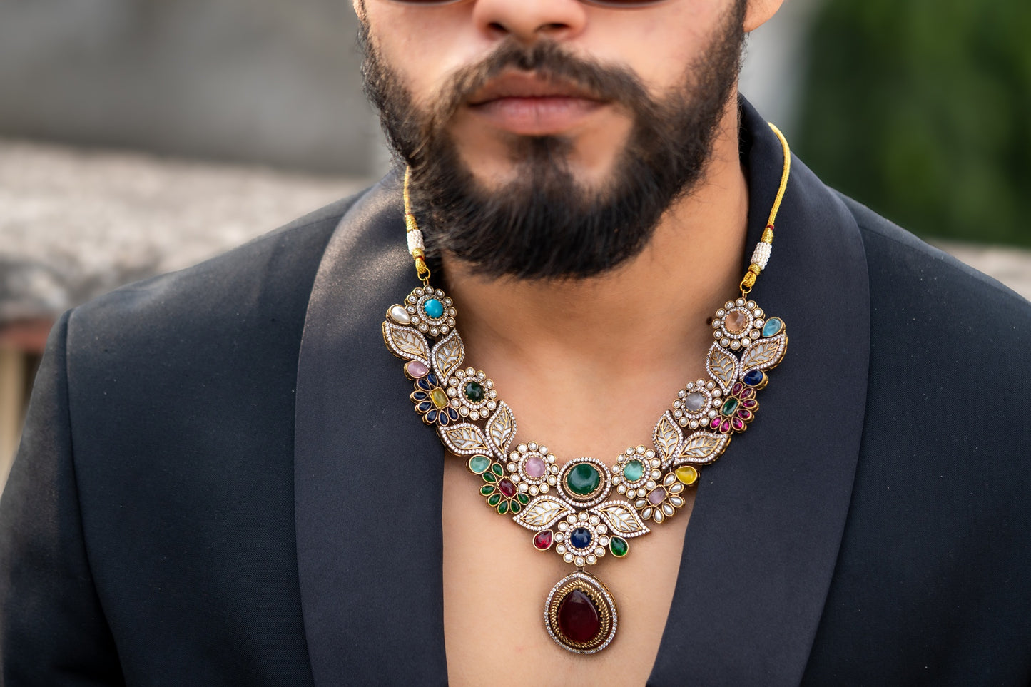 Mexican Navratan Multi-Color Natural Gemstones Floral Designer Necklace