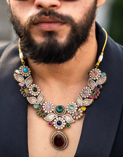 Mexican Navratan Multi-Color Natural Gemstones Floral Designer Necklace