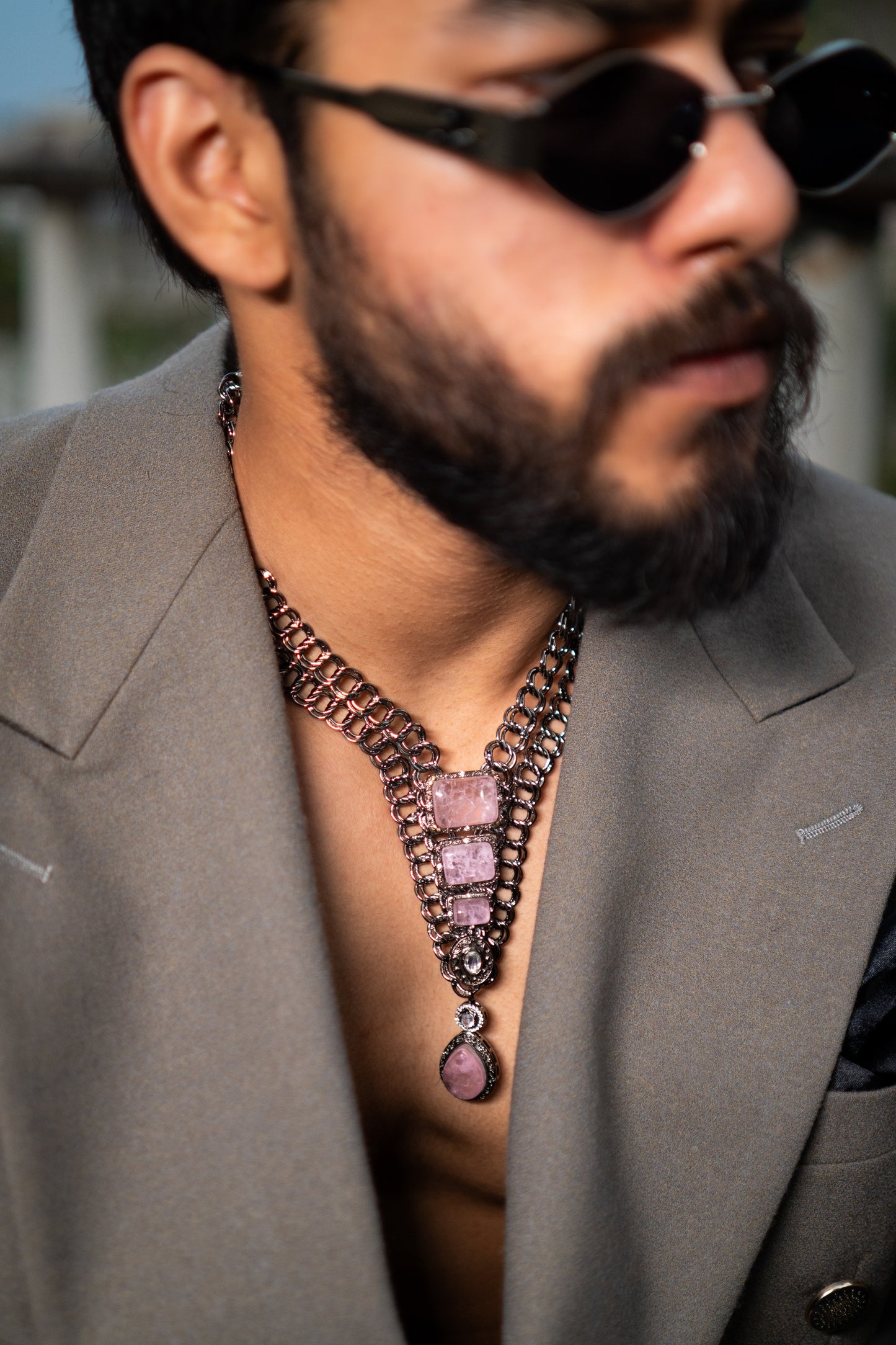 French Pink Doublet Stones with Oxidized Silver Plating Western Necklace