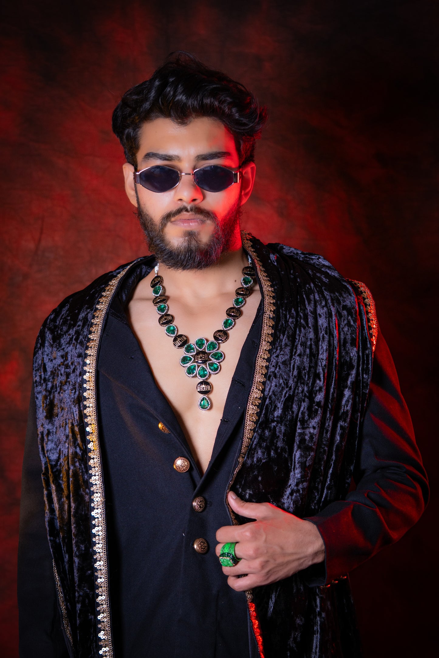Emerald Green with American Diamonds Zirconia and Black Enamel Mughal Heritage Designer Necklace
