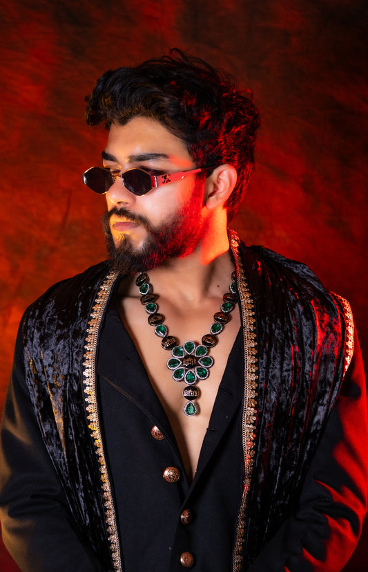 Emerald Green with American Diamonds Zirconia and Black Enamel Mughal Heritage Designer Necklace