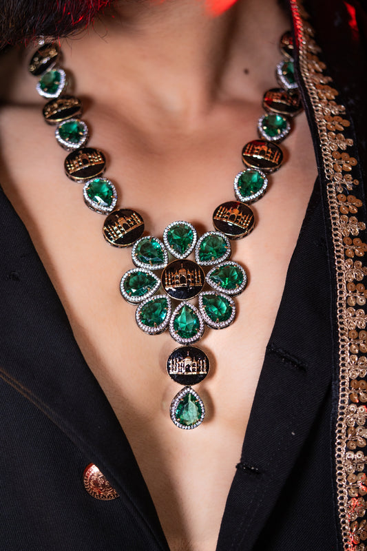 Emerald Green with American Diamonds Zirconia and Black Enamel Mughal Heritage Designer Necklace