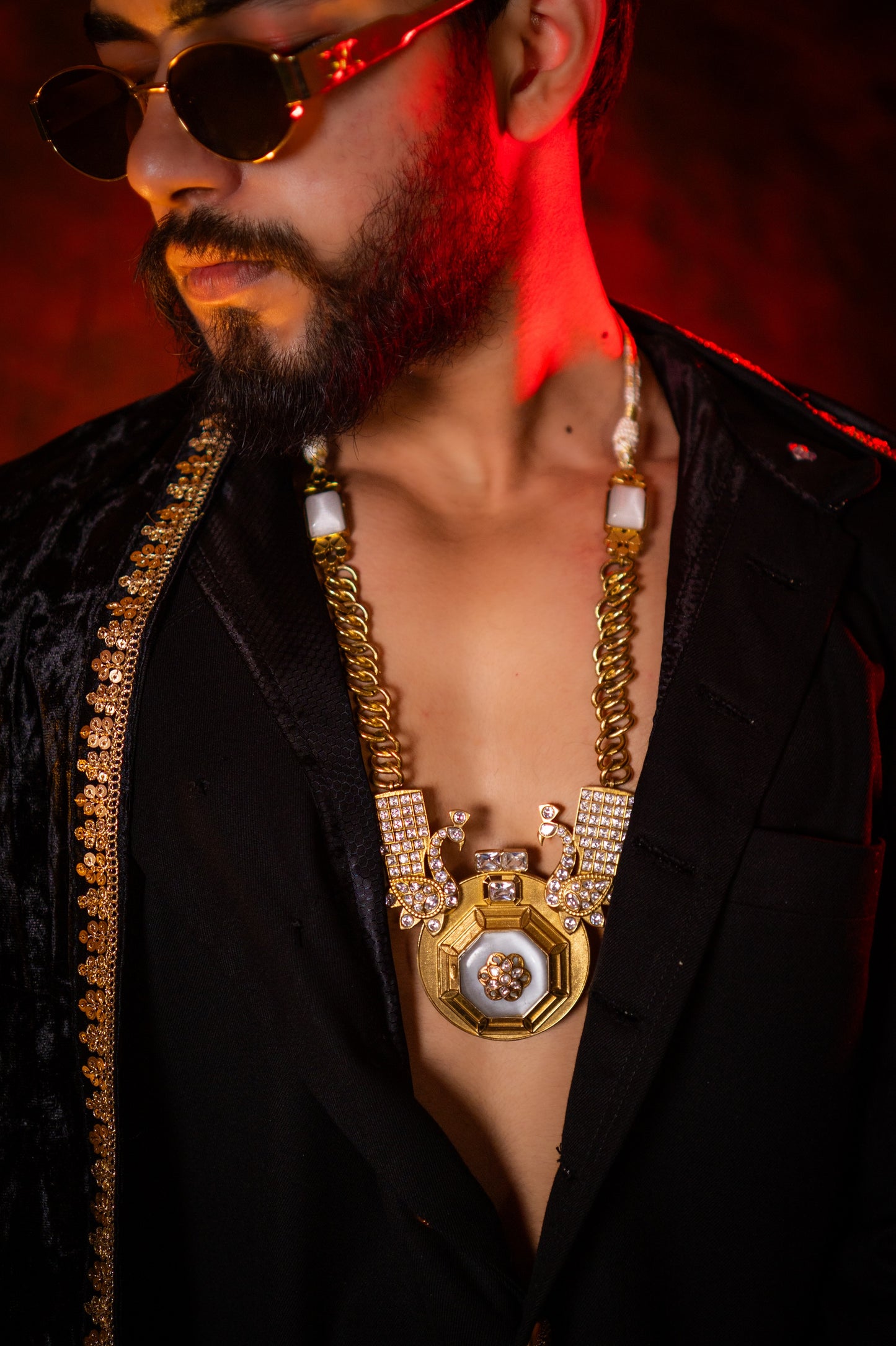 Gold Plated Mother of Pearl and Polki Kundan with American Diamond Zirconia Peacock Necklace