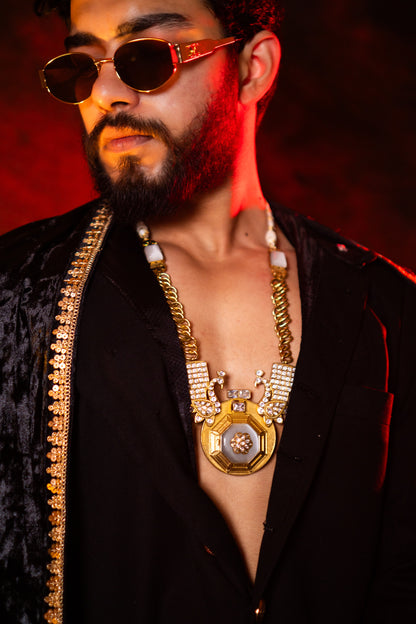 Gold Plated Mother of Pearl and Polki Kundan with American Diamond Zirconia Peacock Necklace