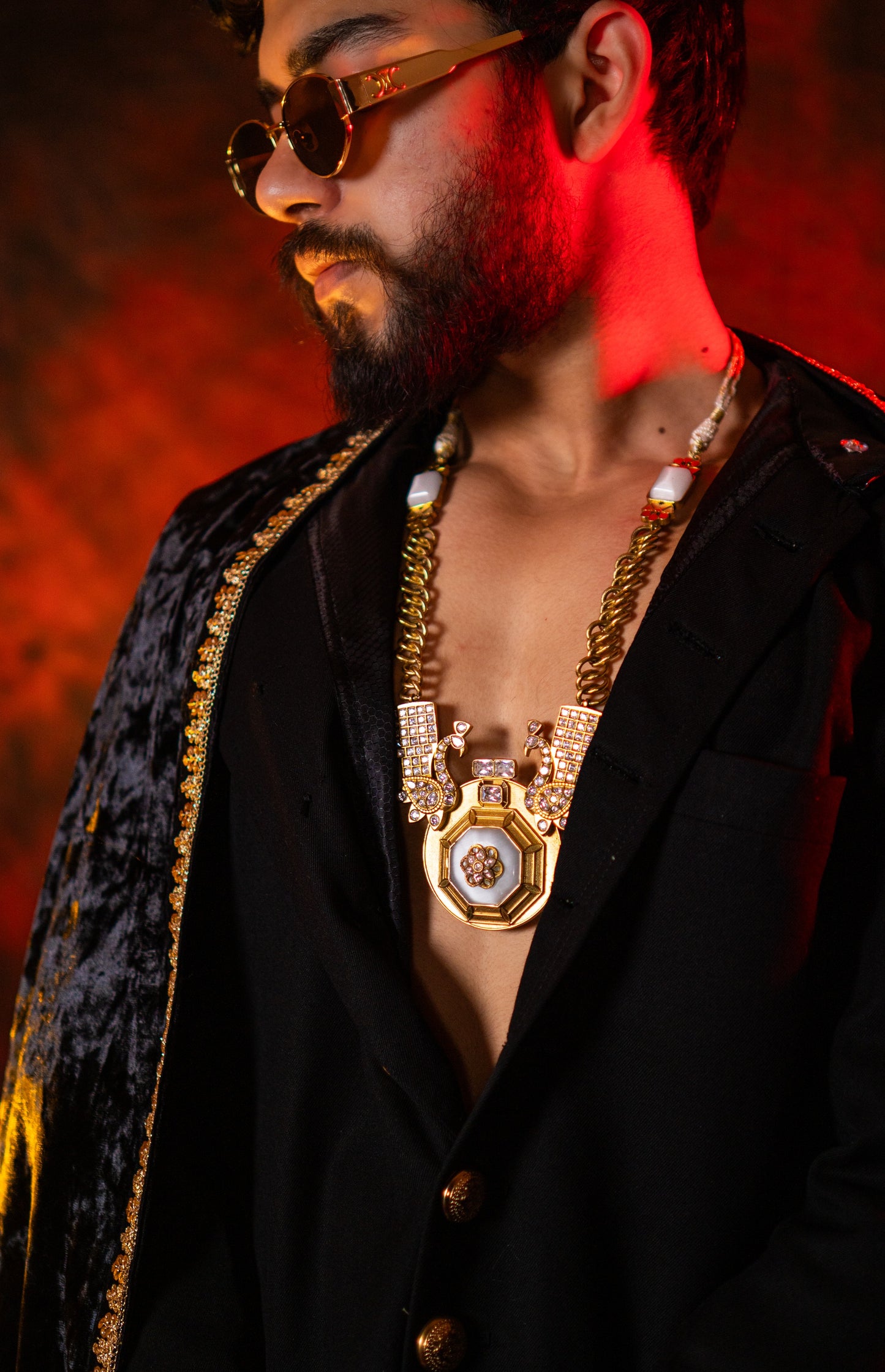 Gold Plated Mother of Pearl and Polki Kundan with American Diamond Zirconia Peacock Necklace