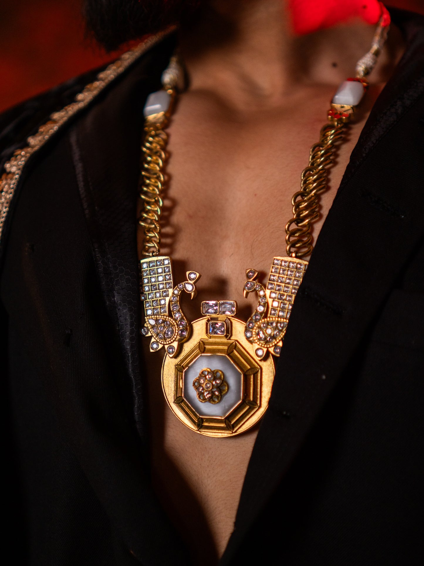 Gold Plated Mother of Pearl and Polki Kundan with American Diamond Zirconia Peacock Necklace