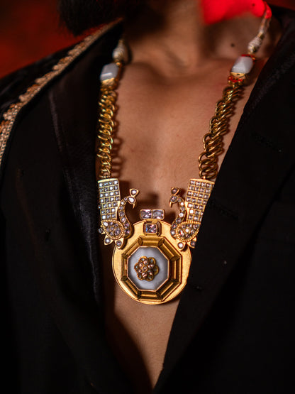 Gold Plated Mother of Pearl and Polki Kundan with American Diamond Zirconia Peacock Necklace