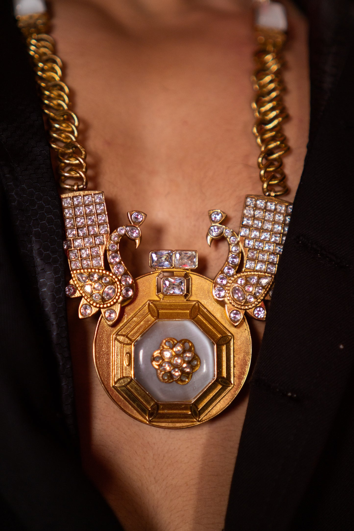 Gold Plated Mother of Pearl and Polki Kundan with American Diamond Zirconia Peacock Necklace