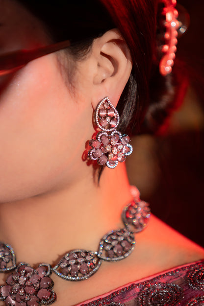 Turkish Pink Stone with American Diamonds Artistic Work Necklace