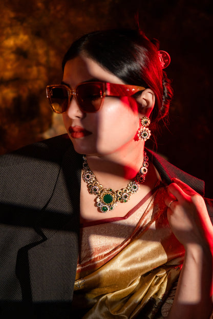 Green Premium Gemstone with Pearls, American Diamond and Polki Work Necklace