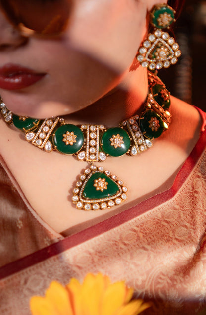 Tanjore Green Doublet Kundan 22KT Gold Plated Polish Necklace