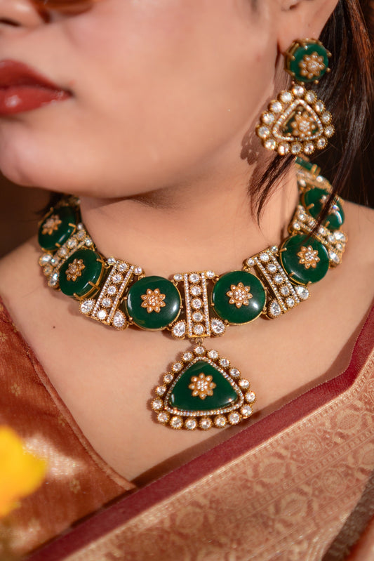 Tanjore Green Doublet Kundan 22KT Gold Plated Polish Necklace