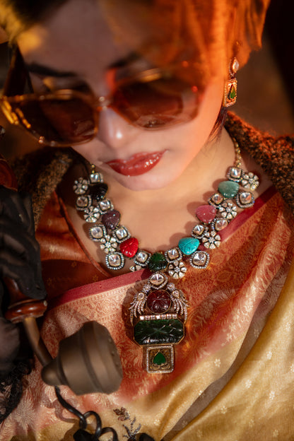 Turkish Carved Tourmaline & Multicolor Gemstones Designer Necklace