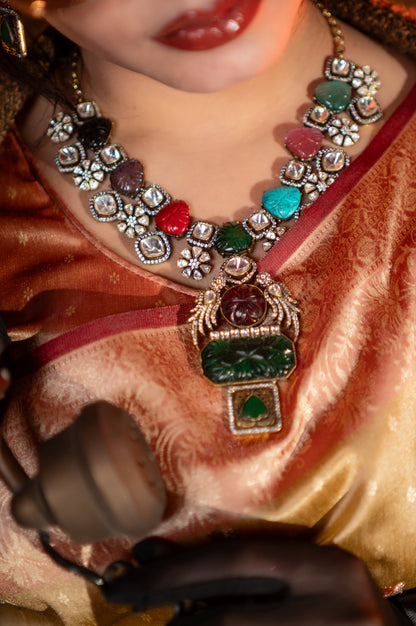 Turkish Carved Tourmaline & Multicolor Gemstones Designer Necklace