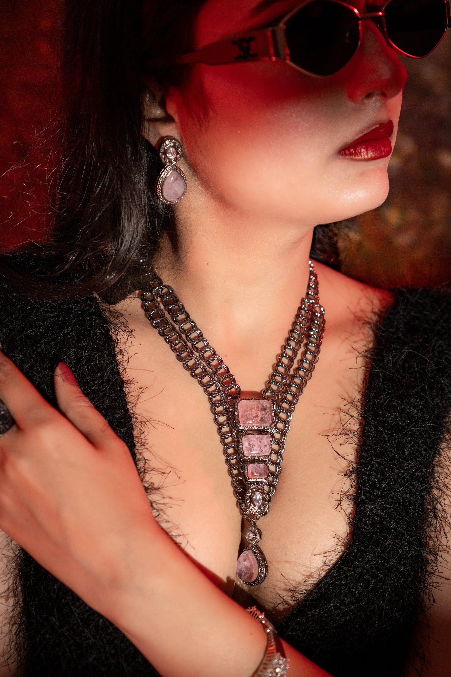 French Pink Doublet Stones with Oxidized Silver Plating Western Necklace