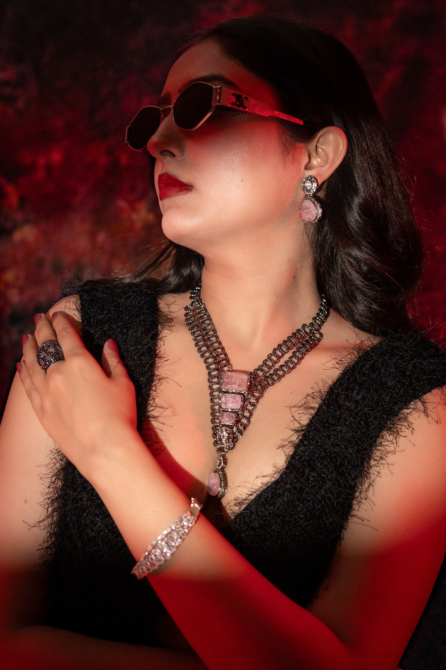 French Pink Doublet Stones with Oxidized Silver Plating Western Necklace