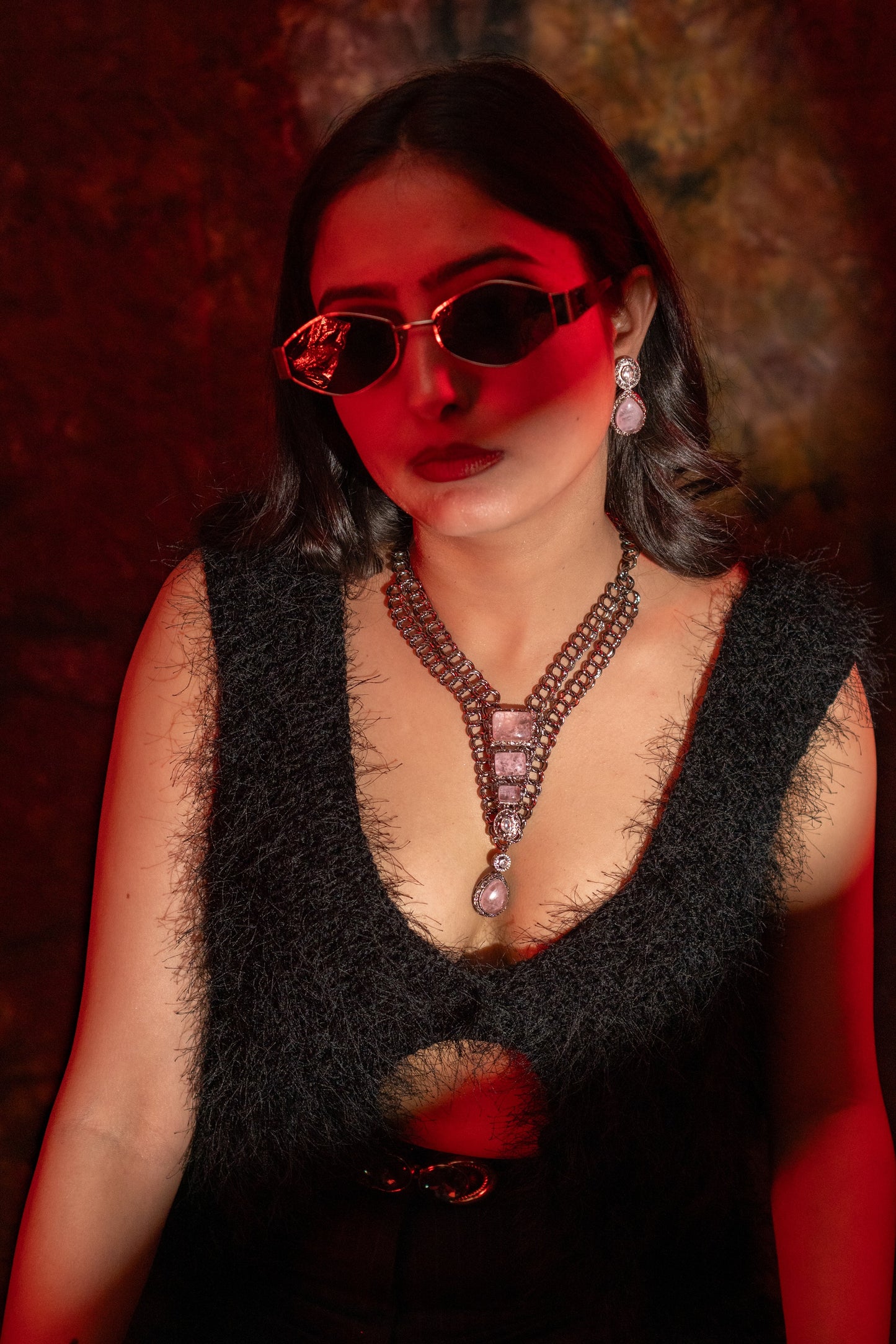 French Pink Doublet Stones with Oxidized Silver Plating Western Necklace