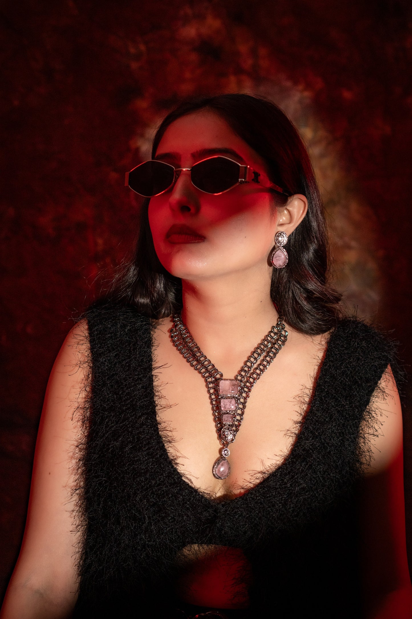 French Pink Doublet Stones with Oxidized Silver Plating Western Necklace
