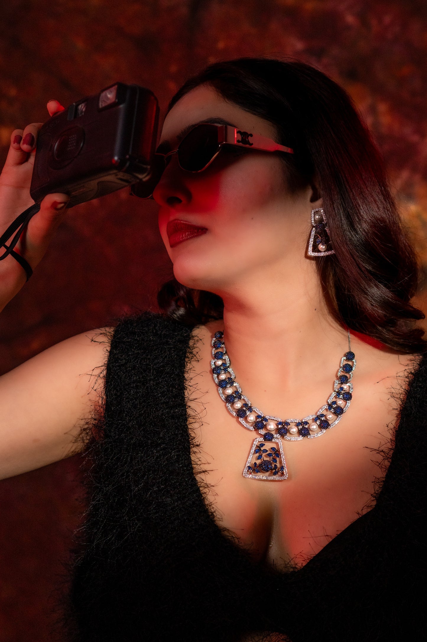 Blue and White Nano Setting American Diamonds Zirconia with Real Pearl Studded Designer Necklace