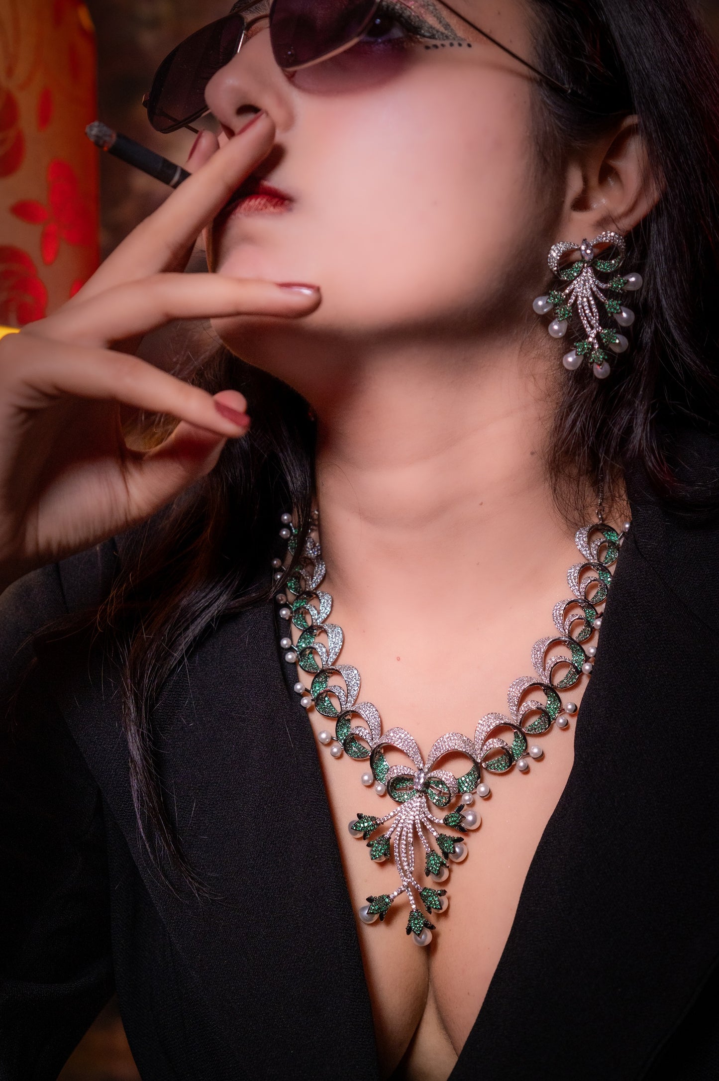 Emerald Green and White Nano Setting American Diamonds Zirconia with Real Pearl Designer 3D Necklace