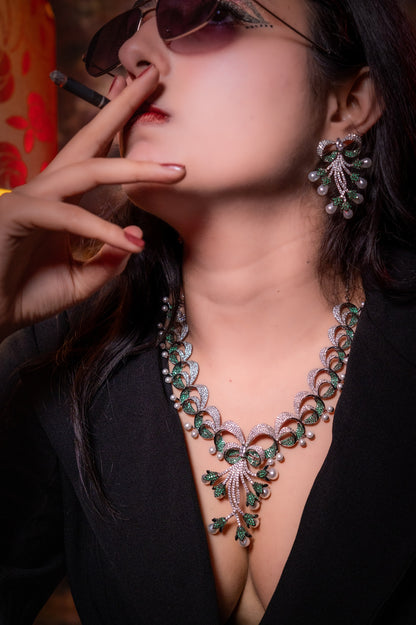 Emerald Green and White Nano Setting American Diamonds Zirconia with Real Pearl Designer 3D Necklace