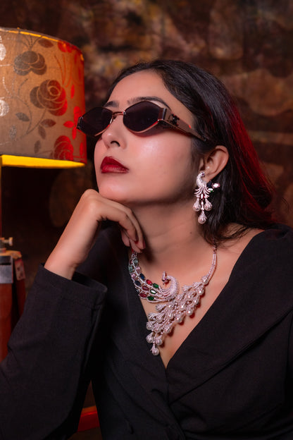 Peacock Studded with Multicolor Crystals and American Diamonds Zirconia Designer Necklace