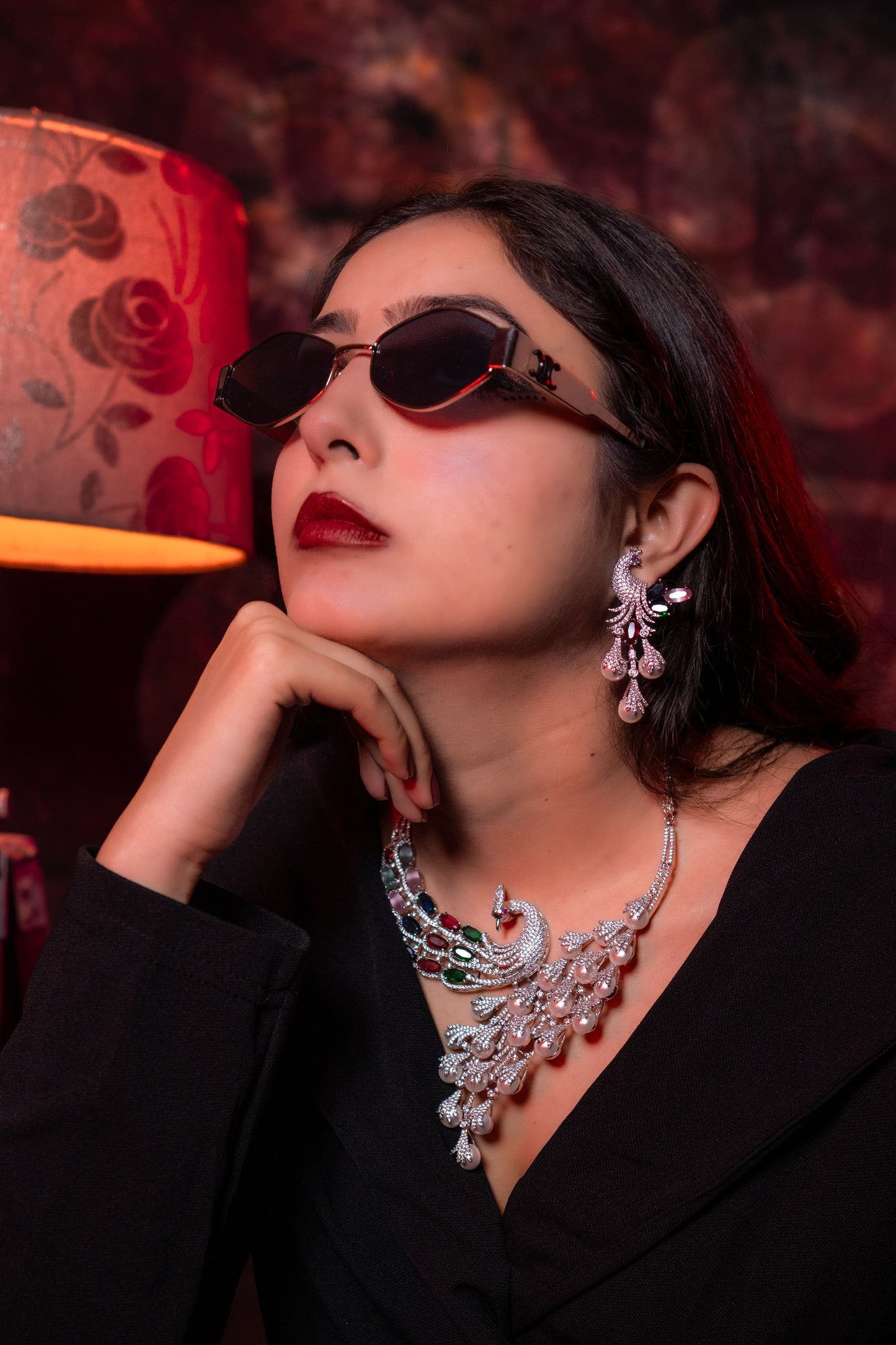 Peacock Studded with Multicolor Crystals and American Diamonds Zirconia Designer Necklace