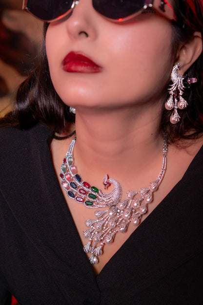 Peacock Studded with Multicolor Crystals and American Diamonds Zirconia Designer Necklace