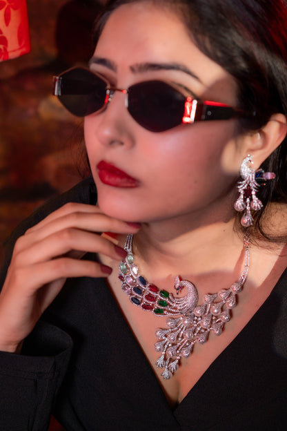 Peacock Studded with Multicolor Crystals and American Diamonds Zirconia Designer Necklace