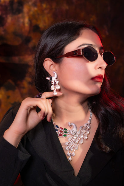 Peacock Studded with Multicolor Crystals and American Diamonds Zirconia Designer Necklace