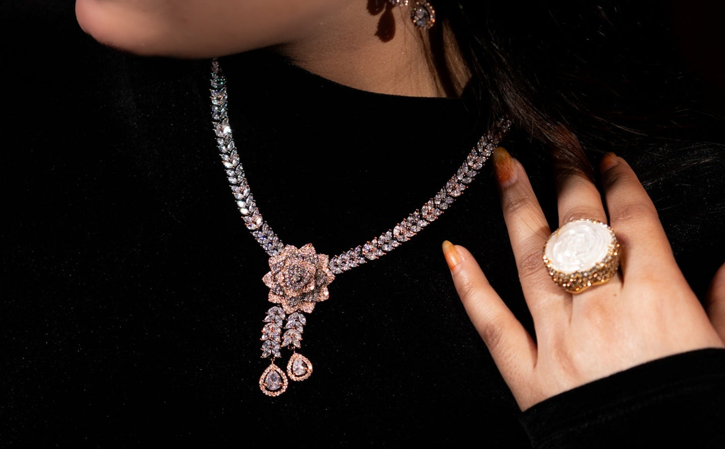 Italian Pink and White Nano American Diamonds Zirconia Designer Necklace