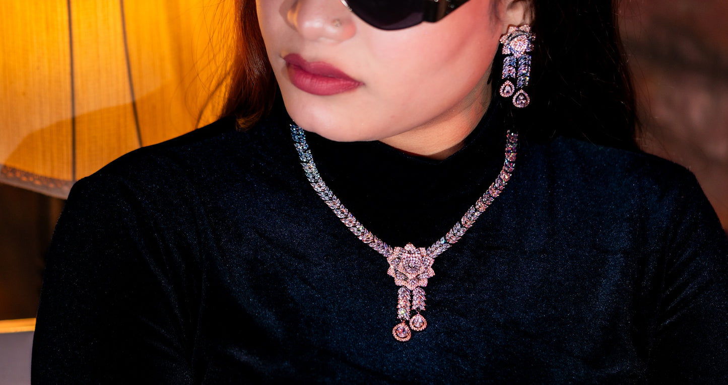 Italian Pink and White Nano American Diamonds Zirconia Designer Necklace