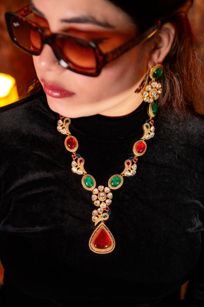 Royal Multicolor Natural Gemstones and Kundan Polki Moissanite Designer Necklace