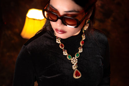 Royal Multicolor Natural Gemstones and Kundan Polki Moissanite Designer Necklace
