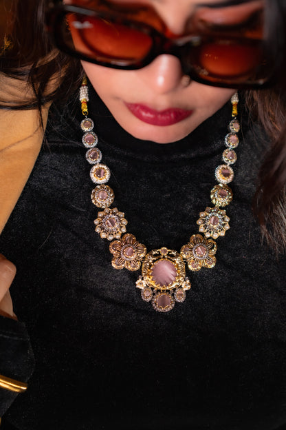 Pink Premium Gemstone with Pearls, American Diamond and Polki Work Necklace
