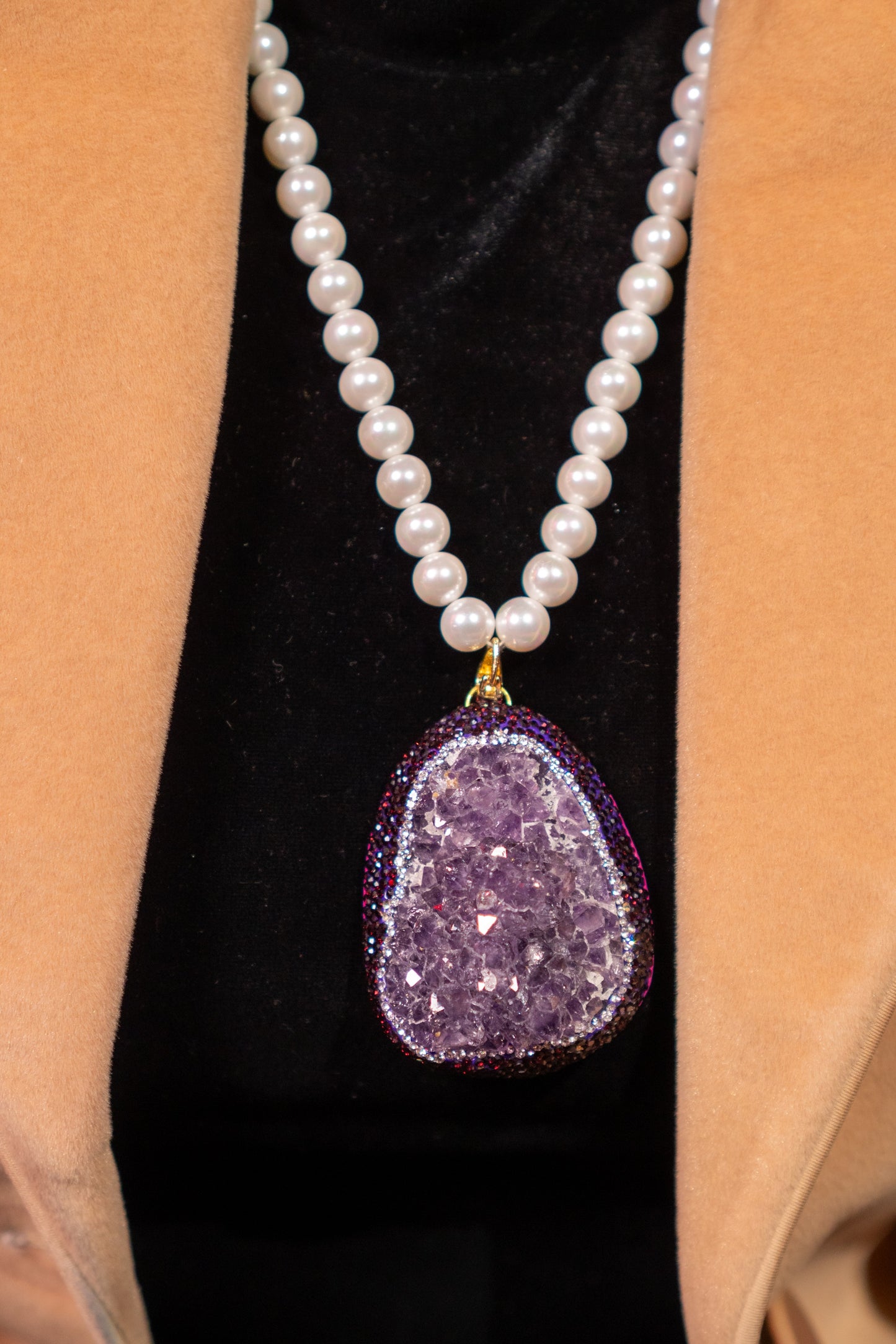 Amethyst Clusters Pendant with Real Pearls for Spiritual Healing Necklace