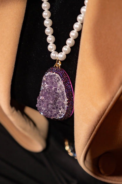 Amethyst Clusters Pendant with Real Pearls for Spiritual Healing Necklace