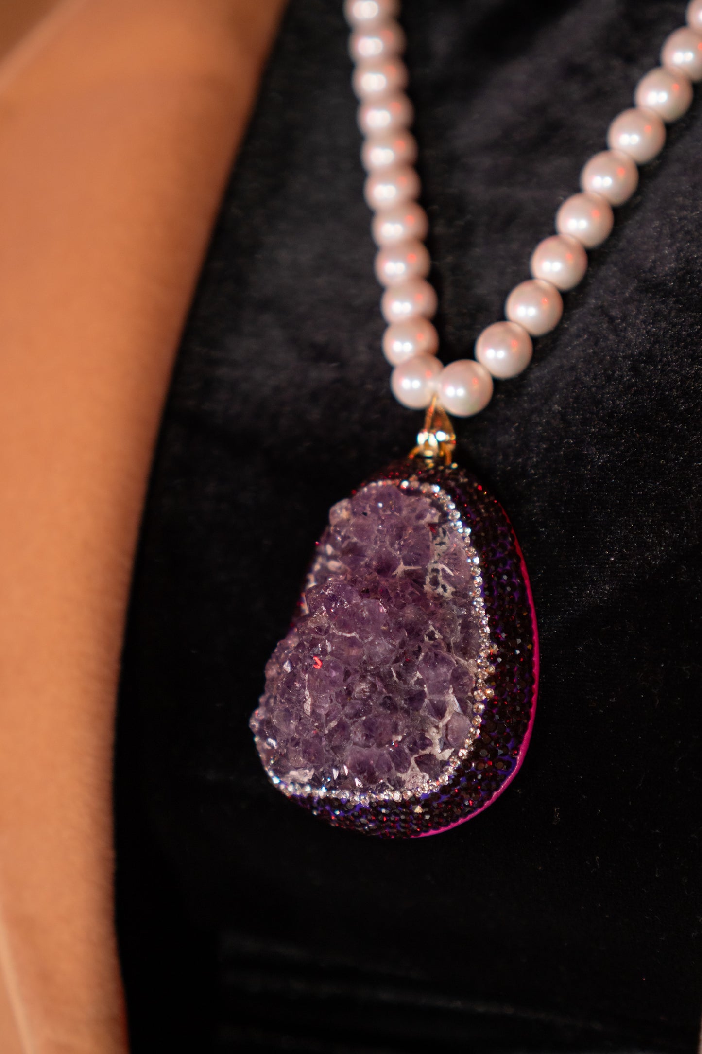 Amethyst Clusters Pendant with Real Pearls for Spiritual Healing Necklace