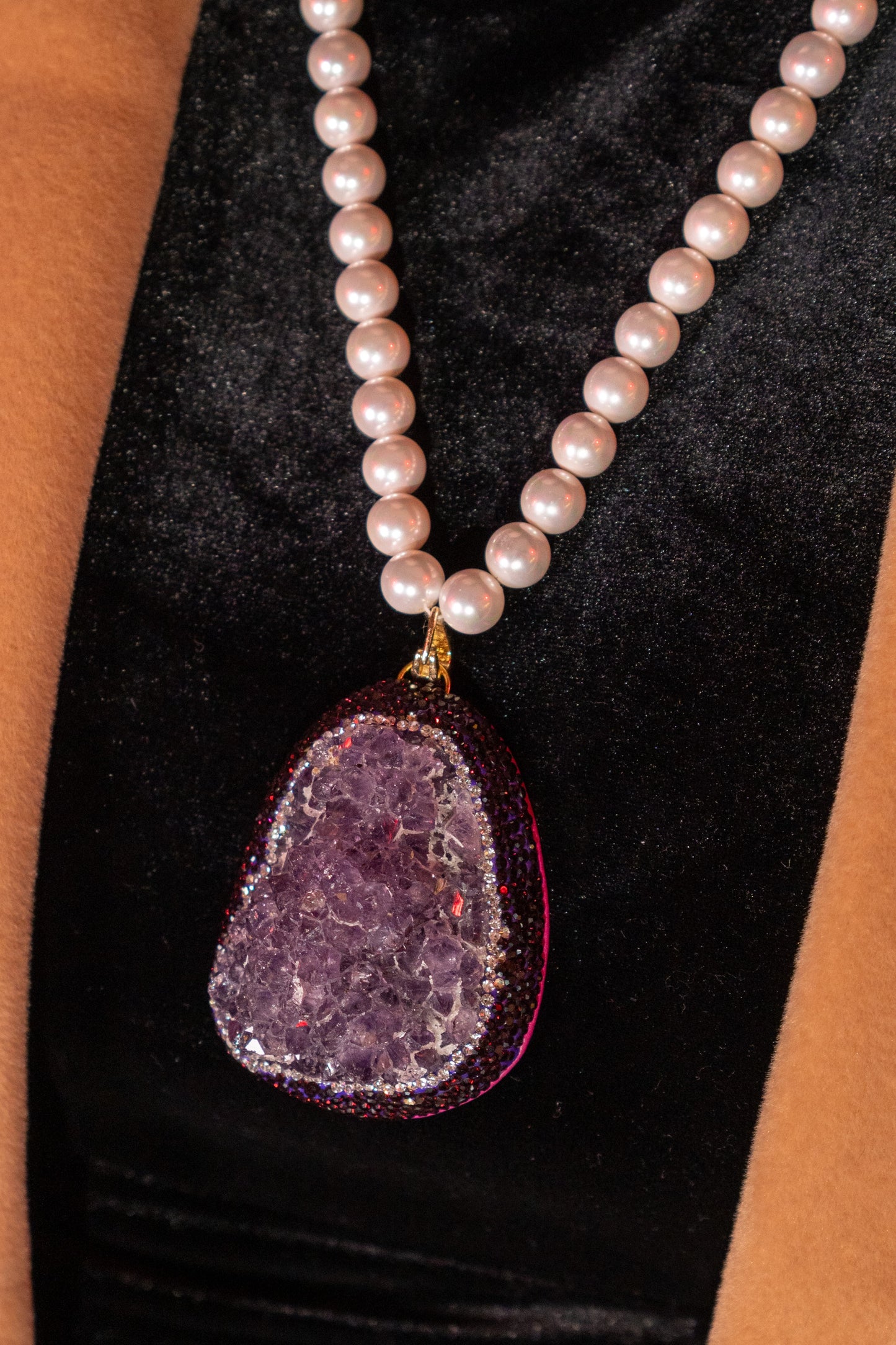 Amethyst Clusters Pendant with Real Pearls for Spiritual Healing Necklace