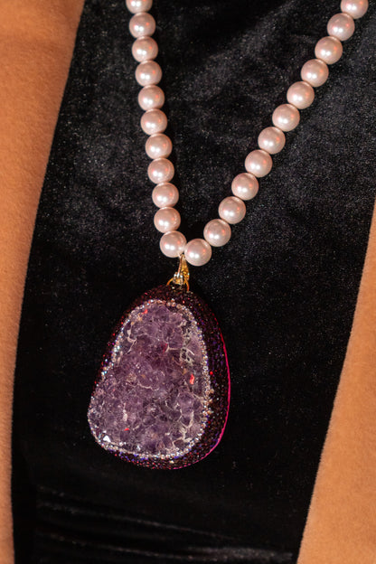 Amethyst Clusters Pendant with Real Pearls for Spiritual Healing Necklace