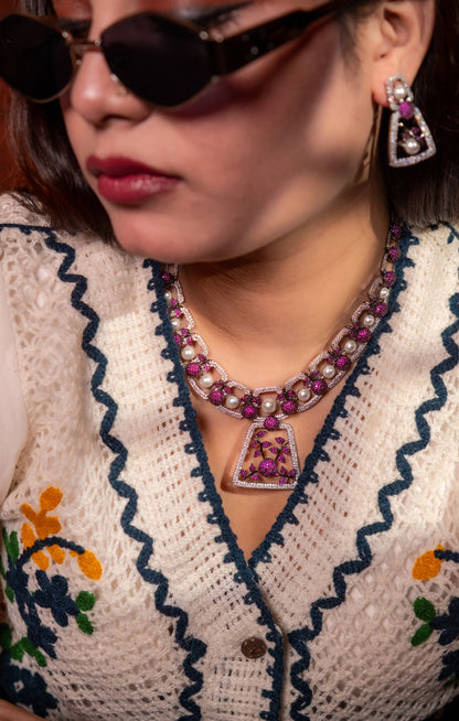 Pink and White Nano Setting American Diamonds Zirconia with Real Pearl Studded Designer Necklace