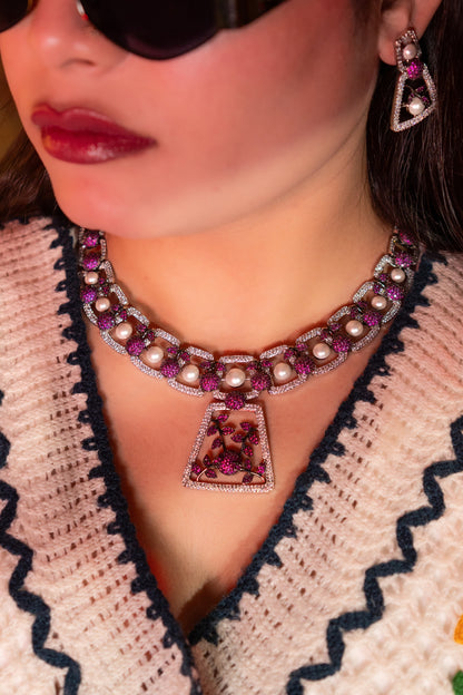 Pink and White Nano Setting American Diamonds Zirconia with Real Pearl Studded Designer Necklace