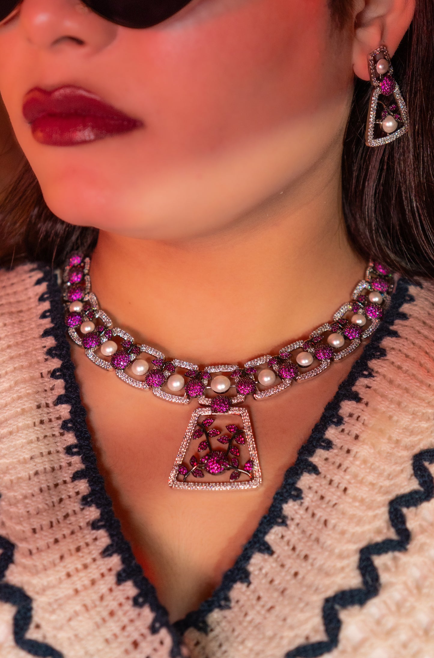 Pink and White Nano Setting American Diamonds Zirconia with Real Pearl Studded Designer Necklace