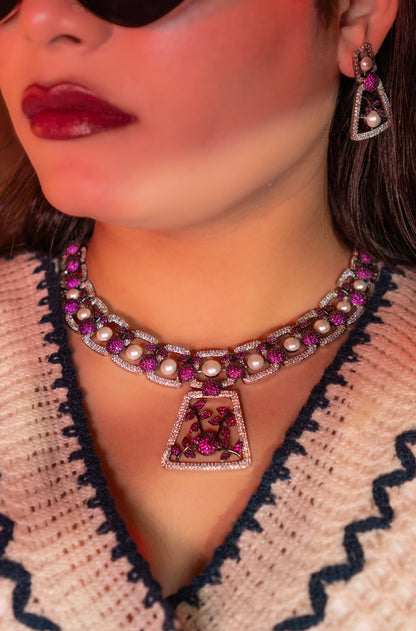 Pink and White Nano Setting American Diamonds Zirconia with Real Pearl Studded Designer Necklace