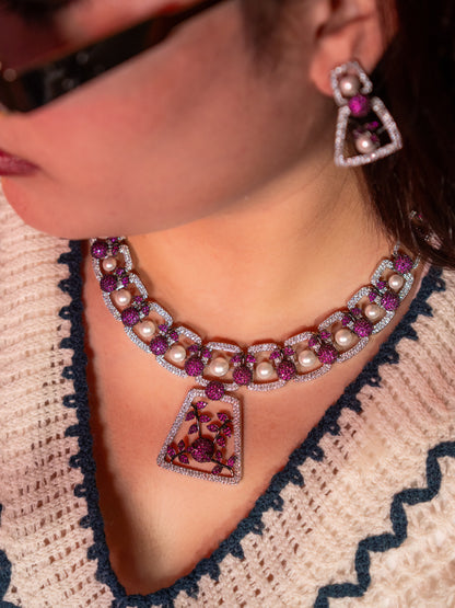 Pink and White Nano Setting American Diamonds Zirconia with Real Pearl Studded Designer Necklace