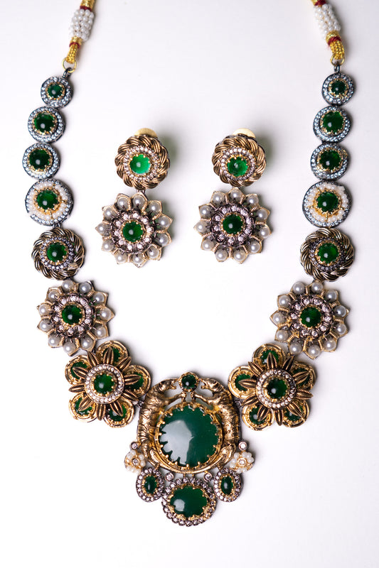 Green Premium Gemstone with Pearls, American Diamond and Polki Work Necklace